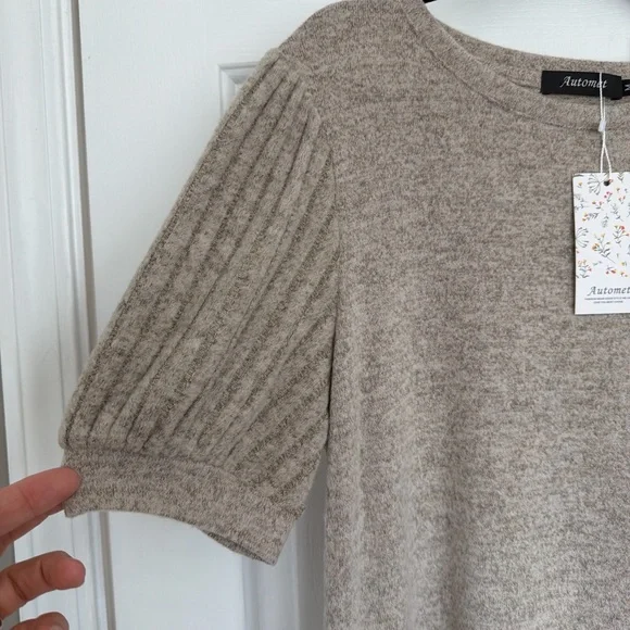 Crew Neck Puff Sleeve Sweater Top in Taupe - Picture 5 of 7
